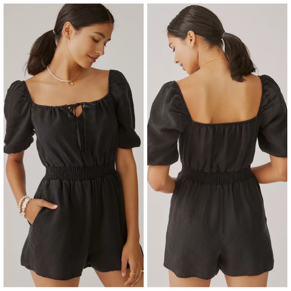 Anthropologie Cloth & Stone Linen Smocked Romper Black Small